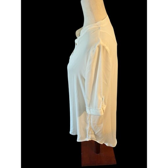 Chico's 1 Blouse Beige Cream Button Front Short Sleeve Blouse Mandarin Collar - Picture 4 of 13